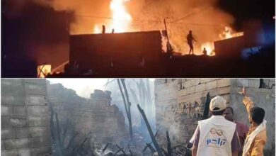 حريق يلتهم عدداً من منازل المواطنين في جعار بأبين
