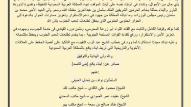 سلطان ومشايخ مكاتب يافع (بني قاصد) يصدرون بيانًا بشأن تصريحات عبدالرب النقيب ويعلنون رفضهم لها