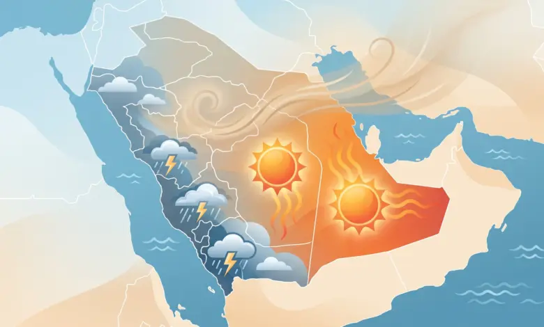 أمطار غزيرة وسيول على جازان وعسير.. وحرارة مرتفعة بالشرقية