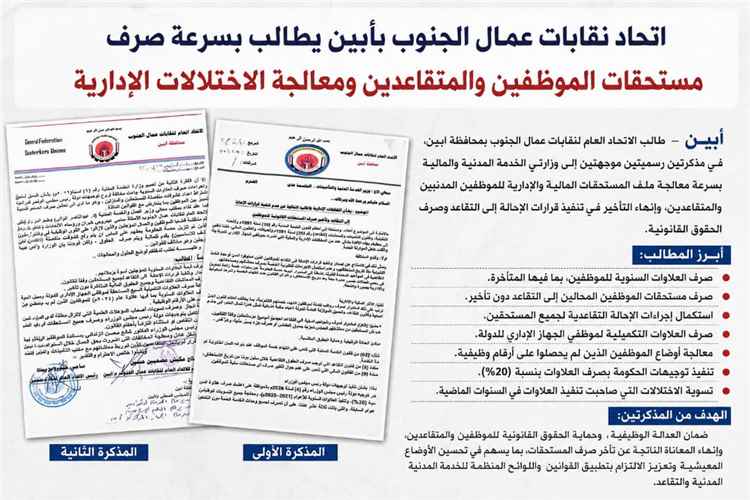 اتحاد نقابات العمال بأبين يطالب بسرعة صرف مستحقات الموظفين والمتقاعدين ومعالجة الاختلالات الإدارية