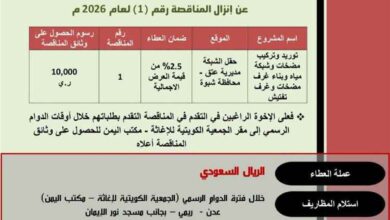 الجمعية الكويتية للإغاثة تعلن إنزال مناقصة مشروع توريد وتركيب مضخات وشبكة مياه لحقل الشبكة في مديرية عتق