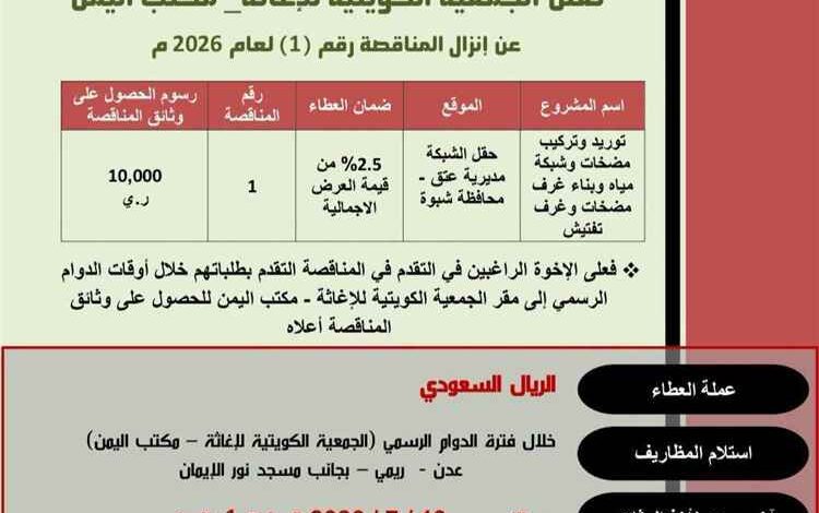 الجمعية الكويتية للإغاثة تعلن إنزال مناقصة مشروع توريد وتركيب مضخات وشبكة مياه لحقل الشبكة في مديرية عتق
