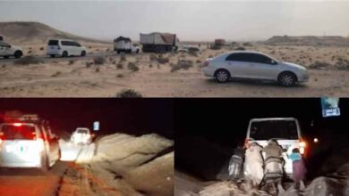 الرمال المتحركة تقطع خط شبوة - المكلا في مديرية رضوم