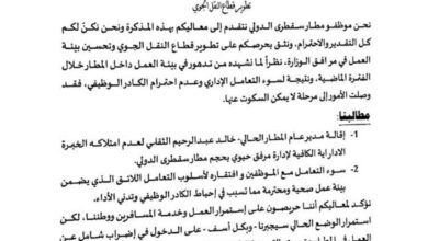 بعد وقفة احتجاجية.. موظفو مطار سقطرى يطالبون بإقالة مدير المطار ويكشفون أسباب تصعيدهم