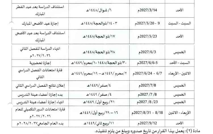 جامعة المهرة تعلن عن التقويم الجامعي للعام الجامعي 2026/ 2027م.