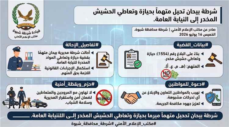 شرطة بيحان تحيل متهماً بحيازة وتعاطي الحشيش المخدر إلى النيابة العامة
