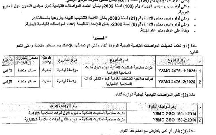 هيئة المواصفات تعتمد تحديث مواصفات قياسية يمنية تتعلق بفترات صلاحية الاغذية وتمنح مهلة محددة للمستوردين والمصنعين المحليين للعمل بها