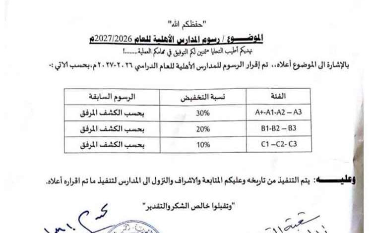 وزارة التربية تقر تخفيض رسوم المدارس الأهلية للعام الدراسي 2026-2027 بنسب تصل إلى 30%