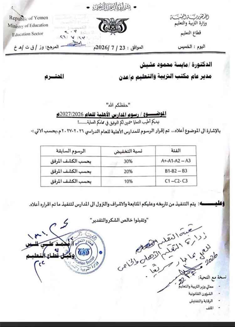 وزارة التربية تقر تخفيض رسوم المدارس الأهلية للعام الدراسي 2026-2027 بنسب تصل إلى 30%
