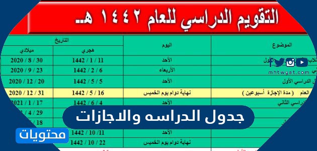 جدول الدراسه والاجازات 1443