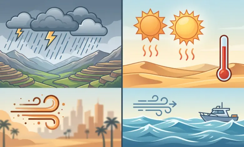 الأرصاد: أمطار رعدية على مرتفعات الجنوب ورياح مثيرة للغبار في عدة مناطق