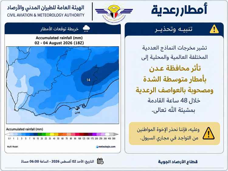 الأرصاد تحذر من أمطار رعدية على عدن وتدعو إلى تجنب مجاري السيول