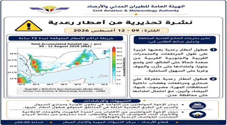 الأرصاد تحذر من أمطار رعدية غزيرة في عدد من المحافظات خلال الـ72 ساعة المقبلة