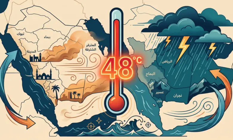 "الأرصاد" يحذر من رياح وأتربة وحرارة تبلغ 48 درجة في عدة مناطق