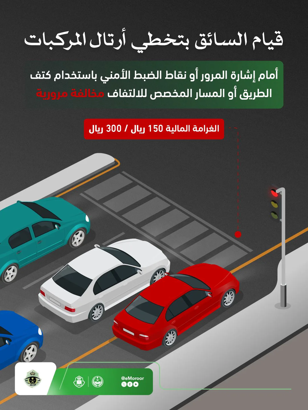 المرور يحذر: استخدام كتف الطريق أو مسار الالتفاف لتجاوز المركبات مخالفة مرورية