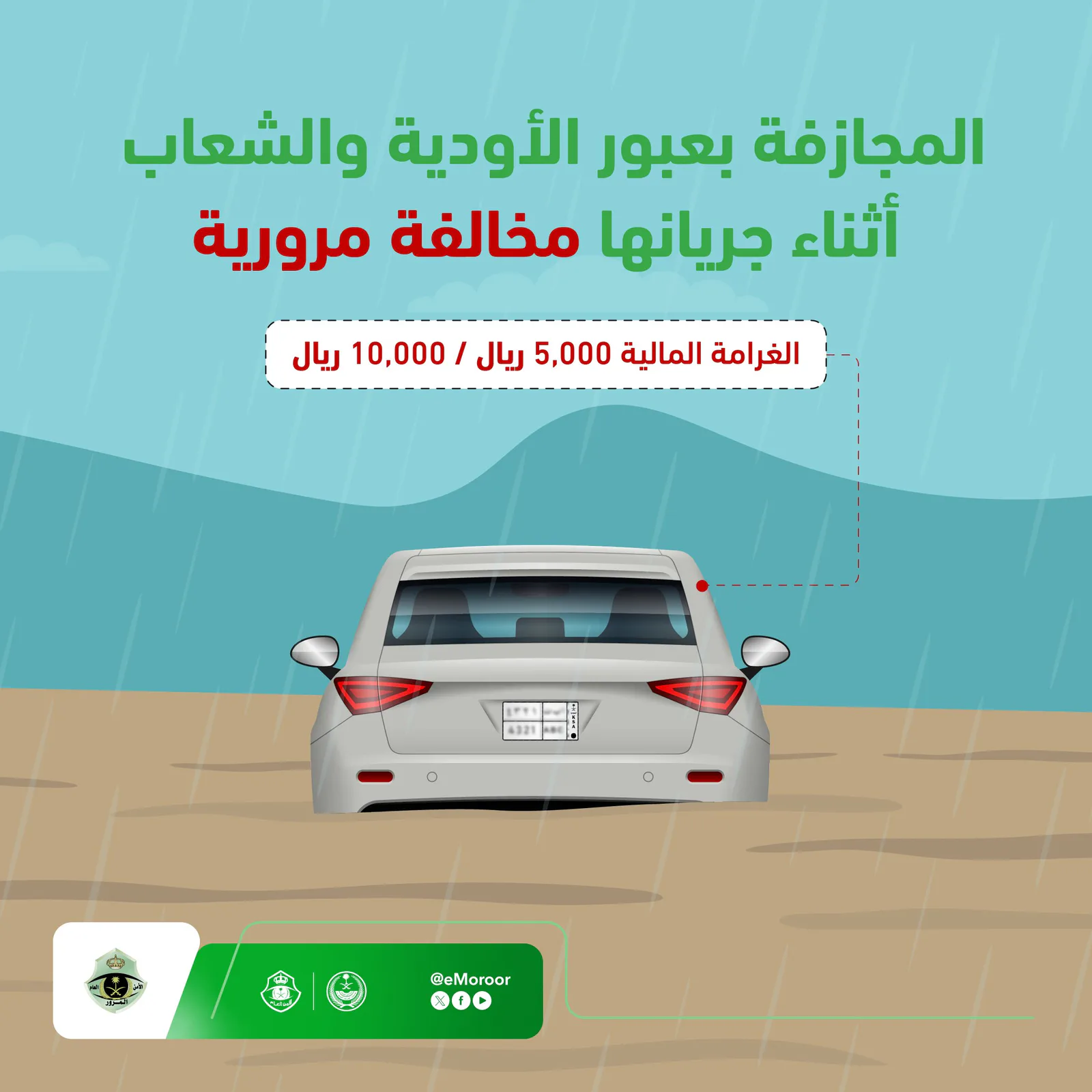 «المرور» يحذر من عبور الأودية أثناء جريانها بغرامة تصل إلى 10 آلاف ريال