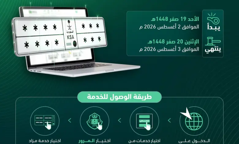 المرور يطرح مزاد اللوحات المميزة إلكترونياً عبر "أبشر" لمدة يومين