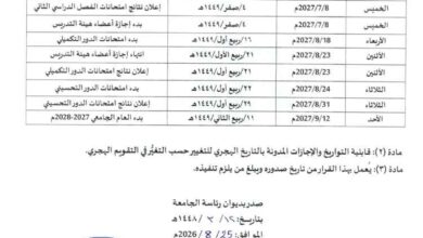 جامعة المهرة تعلن عن التقويم الجامعي لبرامج الدراسات العليا للعام الجامعي 2026/ 2027م.
