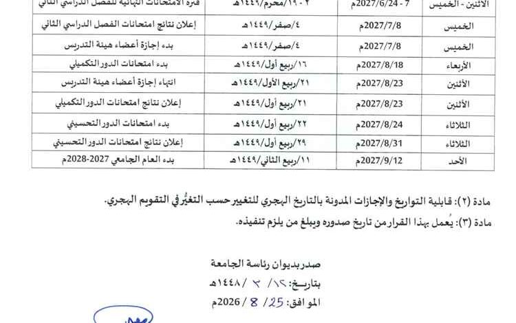 جامعة المهرة تعلن عن التقويم الجامعي لبرامج الدراسات العليا للعام الجامعي 2026/ 2027م.
