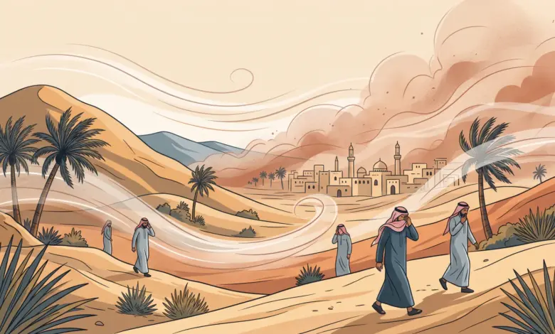 رياح نشطة وأتربة مثارة على محافظة الجموم بسرعة حتى 49 كم/ساعة