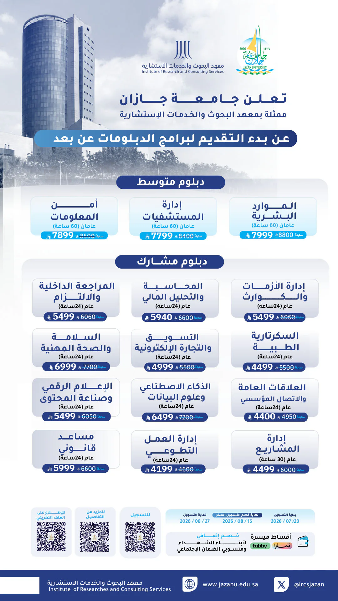 "عن بُعد بالكامل".. جامعة جازان ممثله بمعد البحوث والخدمات الاستشارية تطرح برامج مهنية معتمدة تلامس احتياجات سوق العمل