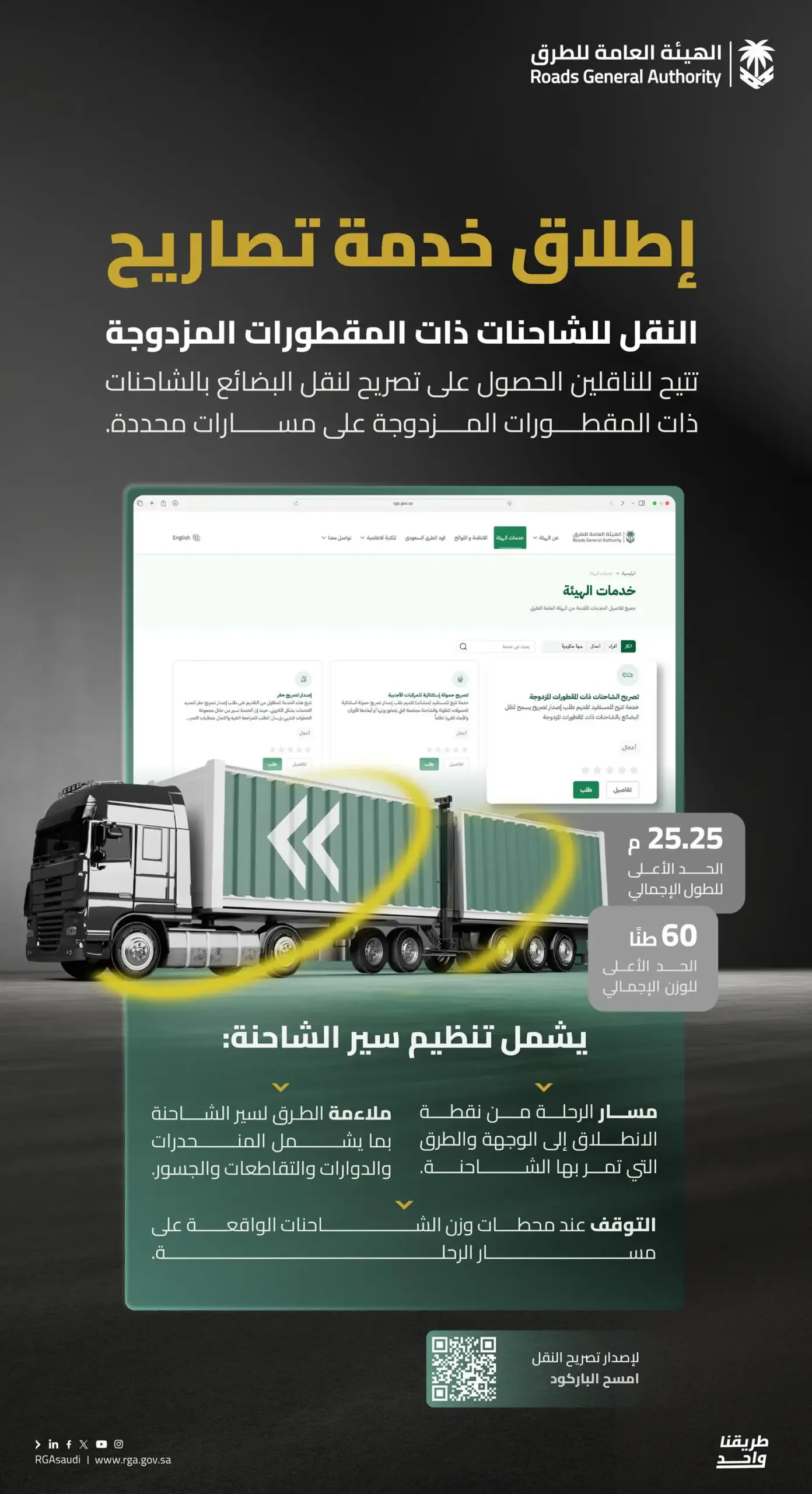 هيئة الطرق تطلق تصاريح إلكترونية للشاحنات ذات المقطورات المزدوجة