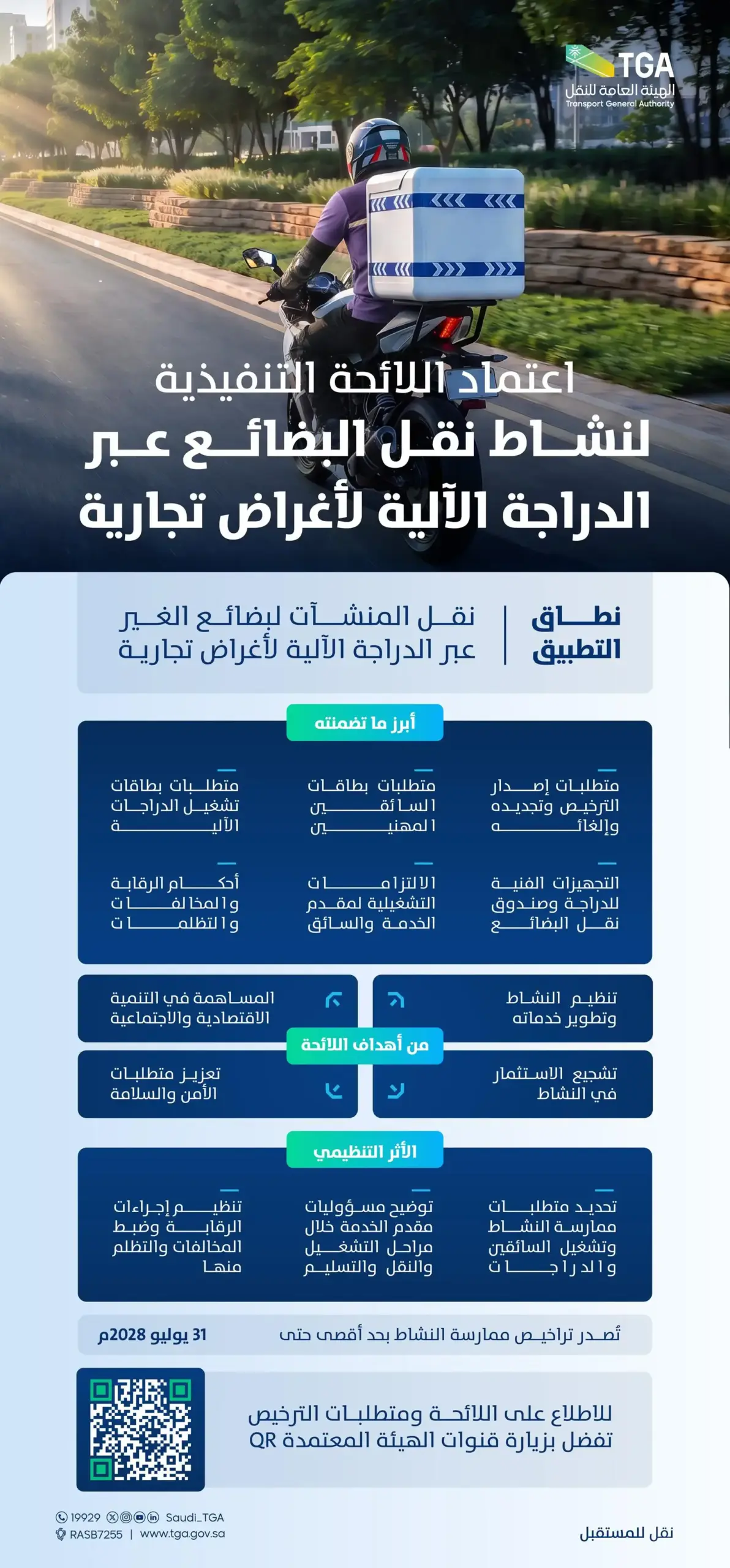 هيئة النقل تُصدر اللائحة التنفيذية لنشاط نقل البضائع بالدراجات الآلية لأغراض تجارية