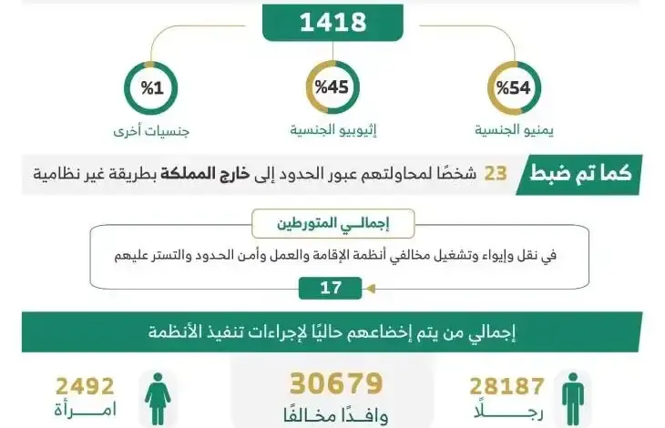 وزارة الداخلية تضبط أكثر من 14 ألف مخالف لأنظمة الإقامة والعمل وأمن الحدود خلال أسبوع