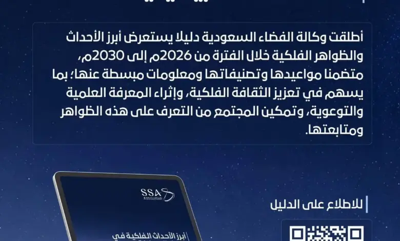 وكالة الفضاء السعودية تُصدر دليلاً لـ 62 حدثاً فلكياً بين 2026 و2030