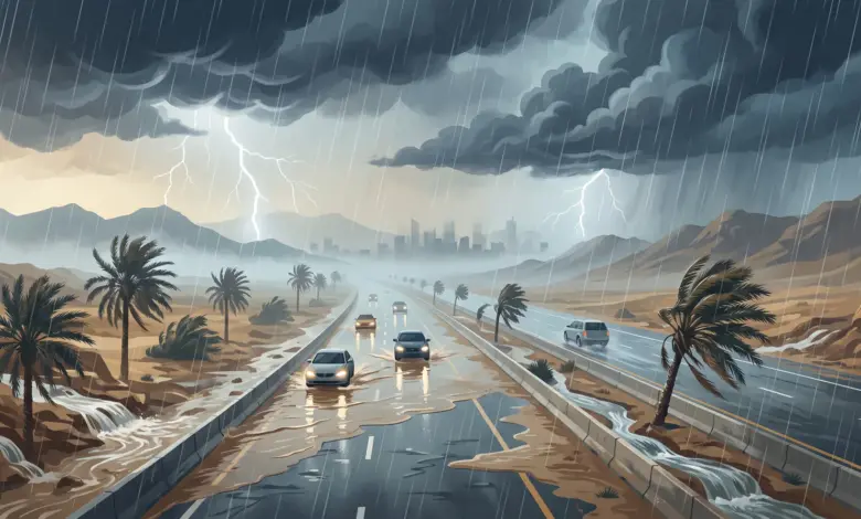 الأرصاد: أمطار رعدية غزيرة وجريان للسيول على أجزاء من 5 مناطق
