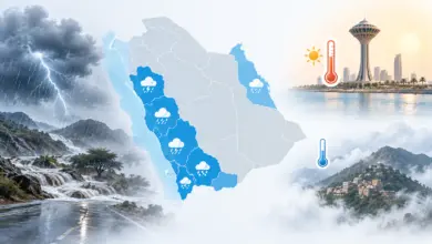 «الأرصاد»: أمطار رعدية غزيرة وسيول وبرد على خمس مناطق اليوم.. الدمام الأعلى حرارة بـ45 وأبها الأدنى بـ18