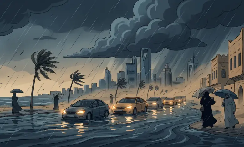 "الأرصاد" يحذر من أمطار رعدية غزيرة وسيول وبرد ورياح مثيرة للغبار تضرب 9 مناطق