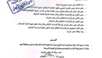 صدور قرار رئيس مجلس الوزراء بتعين نزيه عبدالعزيز الشعبي مديراً عاماً للهيئة العامة للإستثمار فرع لحج