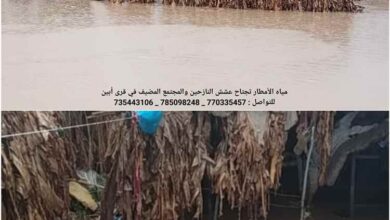 مياه الأمطار تجتاح عشش النازحين والمجتمع المضيف في قرى أبين